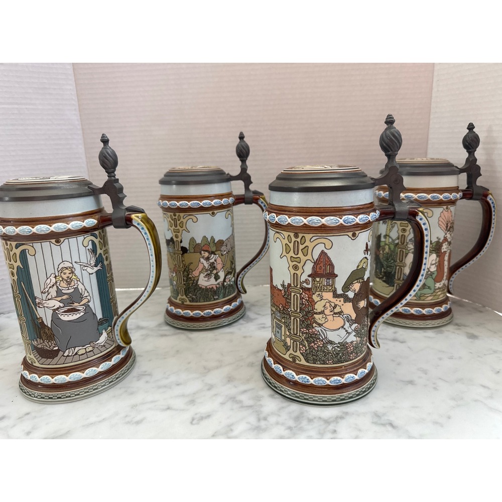 Villeroy & Boch Brothers Grimm Lidded Beer Steins Lot of 4 Mettlach Germany EUC